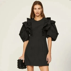 NEW RHODE VARJA DRESS MINI SILK LINEN LACE PUFF SLEEVE LINEN BLACK SIZE 6 - Picture 1 of 12