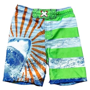 Cherokee Swim Trunks Boys Size XS (4-5) Blue Green Striped Shark Print Lined - Picture 1 of 3