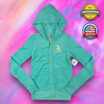 Jaqueta Juicy Couture Aqua com Capuz Zíper Completo Meninas Tamanho 16 Terry Black Label Nova Com Etiqueta - Imagem 1 de 4
