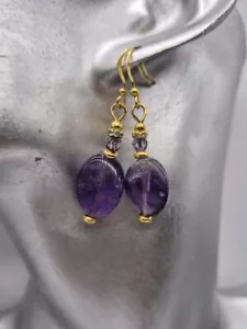 Gold tone earrings with purple amethyst twist and crystal beads - Picture 1 of 1