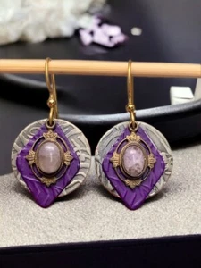 Vintage Amethyst Cabochon drop dangle Boho Pierced Earrings 1.25” - Picture 1 of 10