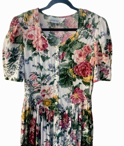 OFF WHITE Abito Midi Vintage anni '80 Noveau Faces Off bianco floreale maniche corte con bottoni