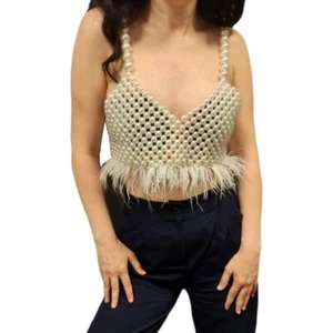Woven Body Chain Camisole Imitation Pearl Vest Hollow Mesh Tank Top Body Jewelry - Picture 1 of 8