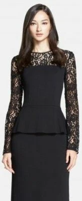 ST. JOHN Rose Noir Lace Yoke Satin Peplum dress SZ M - Image 1 of 4