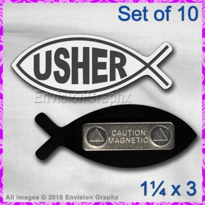 Set of 10 USHER engraved White church name badges w/ magnet in Jesus fish shape - Picture 1 of 1