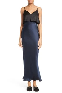 DIANE von FURSTENBERG Black Blue Popover Ruffle Hammered Satin Silk Dress S 4/6 - Picture 1 of 12