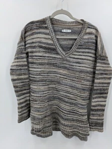 Vince Knit Sweater Womens Size Medium Gray Brown Striped V-Neck Wool Silk Blend - Picture 1 of 7