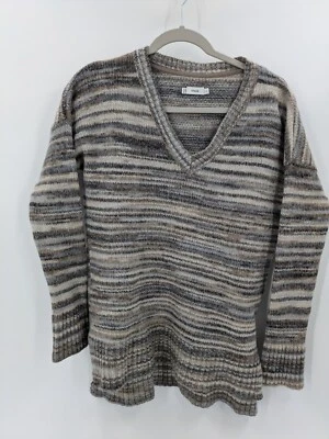 Vince Knit Sweater Womens Size Medium Gray Brown Striped V-Neck Wool Silk Blend - Image 1 of 4