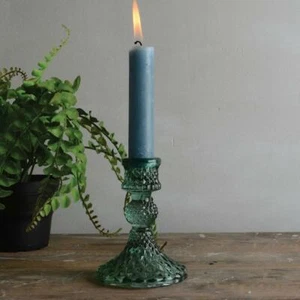 Green Glass Harlequin Candlestick Vintage Dinner Taper Candle Holder, 8x10cm - Picture 1 of 2