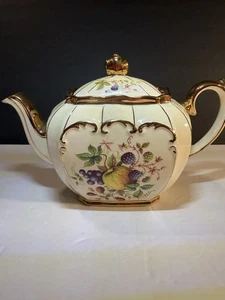 "Tetera Sadler England 1920 vintage pintada a mano fruta dorada floral 8,5"" rara" - Imagen 1 de 11