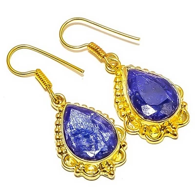 Pendiente antiguo chapado en oro amarillo de 18k zafiro azul (simulado) 1,76" E4-548 Foto 1 de 3