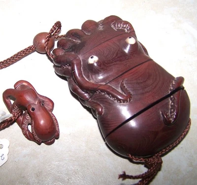 Vintage Japanese Wooden INRO NETSUKE Octopus Signed Tobacco Box Snuff Medicine - Image 1 of 4