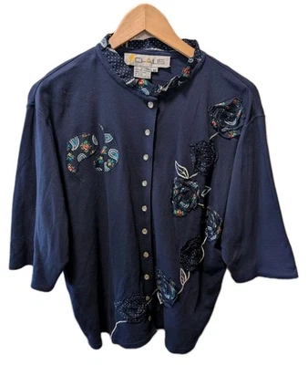 Cárdigan CHAUS Mujer M Azul Marino Media Manga Perla A Presión Top Paisley Patchwork Foto 1 de 4