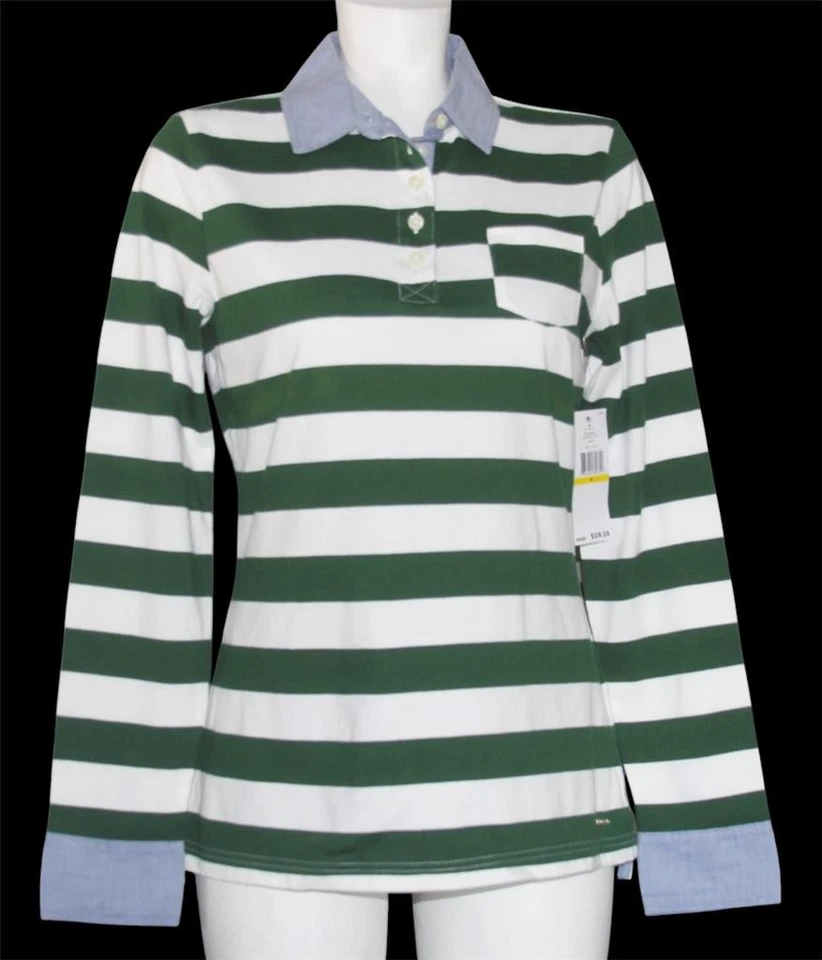 Camisa Polo Tommy Hilfiger Verde Blanco Rayas Azul Cuello y Puños Para Mujer M Nueva con Etiquetas $59 Foto 1 de 1