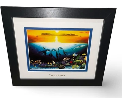 Por Wyland Custom Framed "Sunset Celebration" Foil Stamped Dolphins Sunset - Imagem 1 de 2