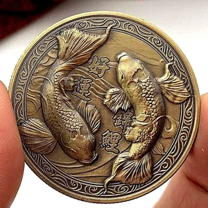 Koi Fish Bronze Alloy Coin Deep Relief Lucky Carp Commemorative Collectible - Picture 1 of 9