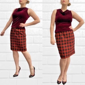 Vintage Skirt Pencil Check Wool Size 10 12 Tartan Red Black Straight 80s Office - Picture 1 of 22