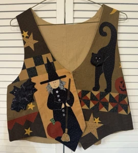 Vintage Handmade Halloween Vest Primitive Country 3D Witch Black Cat Bat Fall - Picture 1 of 6