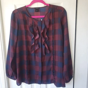 Top Ann Taylor Factory a quadri con volant bordeaux e blu taglia S Holiday Preppy femminile - Foto 1 di 10