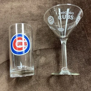 Set of 2 CHICAGO CUBS Glasses 1 Martini, 1 Tall Glass. Preowned Good Condition - Picture 1 of 5