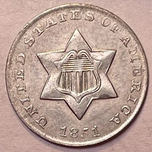 1851 Three Cent Silver Trime Choice Almost Uncirculated AU+ Coin, Scratch #20898 - Picture 1 of 3