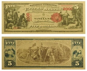 USA BANKNOTE NATIONAL BANK $5 US DOLLARS VINELAND NEW JERSEY GOLD FOIL NEW MINT - Picture 1 of 1