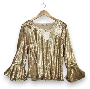 NUEVO NUEVO CON ETIQUETAS Camisa Top de Vacaciones Altar’d State Manga Campana Dorada Lentejuelas Precio de venta sugerido por el fabricante $99 Bling - Imagen 1 de 10