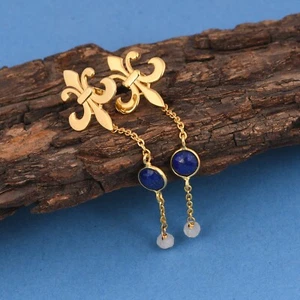 Fleur De Lis Silver Gold Plated Drop Dangle Chain Earrings With Lapis Moonstone - Picture 1 of 10