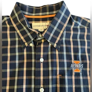 Nuevo sin etiquetas Cutter & Buck Fighting Illini naranja azul marino a cuadros LS abotonados para hombre Lg - Imagen 1 de 10