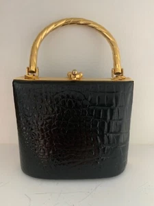 ELAN’ PEQUEÑO BOLSO DE MANO MONEDERO VINTAGE NEGRO IMITACIÓN COCODRILO CON ASA GIRATORIA DE METAL DORADO - Imagen 1 de 24