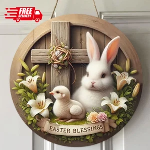 Easter Wreaths, Easter Wreath for Front Door, Wooden Easter Bunny Chick Decor Do - Picture 1 of 10