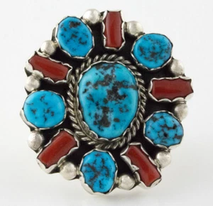 6 - Kingman Türkis & Koralle Cluster Ring von Navajo Künstler Perlene Spencer - Bild 1 von 4