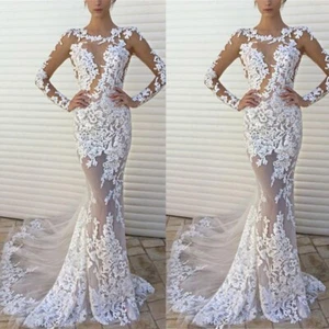 Sexy Mermaid Wedding Dresses Illusion Long Sleeves Lace Sweep Train Bridal Gowns - Picture 1 of 9