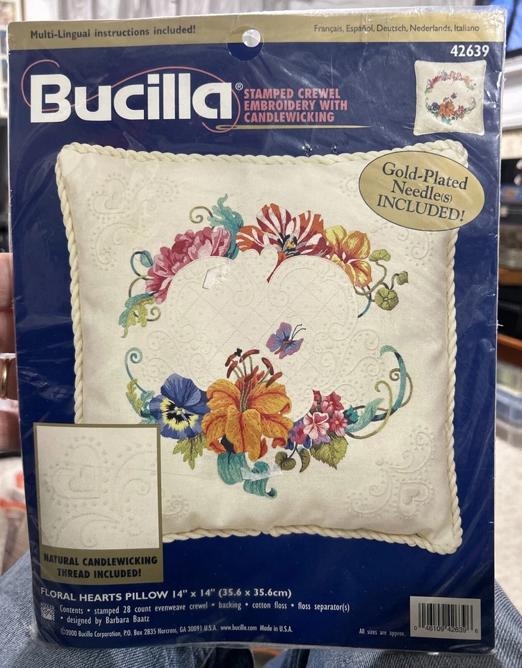 Bucilla Floral Hearts Pillow Stamped 28ct Crewel Embroidery Candlewicking Kit
