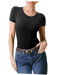 Double Lined Basic Bodysuits Short Sleeve Body Suits Trendy Summer Outfits - Picture 1 of 6