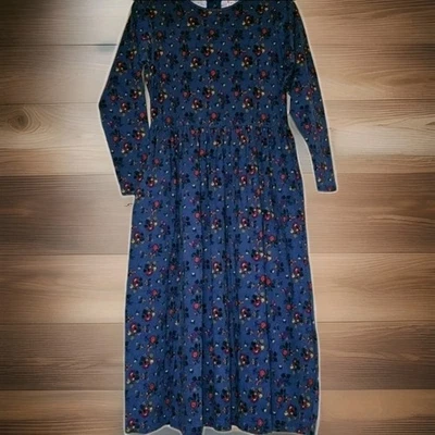 Hanna Andersson Blue Floral Midi Dress 100% Cotton Small Long Sleeve Made in USA - Image 1 of 4