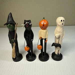 Arte Popular Halloween Pinza Figuras Bruja Gato Calabaza Cabeza Fantasma Conjunto De 4 - Imagen 1 de 7