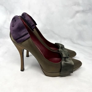 Louis Vuitton Silk Satin Bow Pointed Toe Platform Pumps Heels Green Designer 39 - Picture 1 of 13
