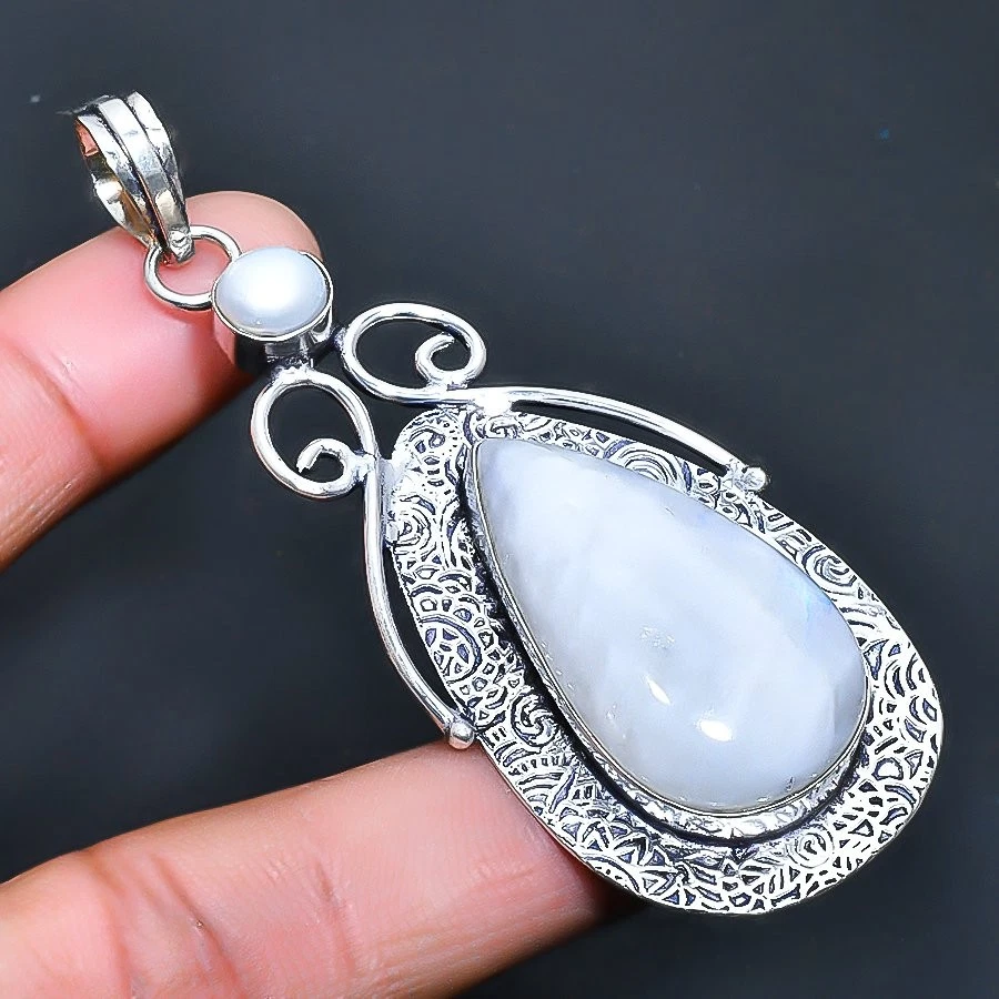 Colgante de joyería de piedras preciosas hechas a mano con perlas de piedra lunar arco iris 2,84" Foto 1 de 1