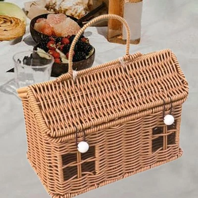 Rattan Storage Basket Gift Basket Artwork with Handle Handwoven House Shaped - Image 1 of 4