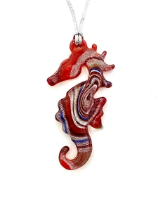 Lampwork Art Glass Sea Horse Pendant/Ornament, 2.5" H x 1.3" W w/Silver Cord - Picture 1 of 1