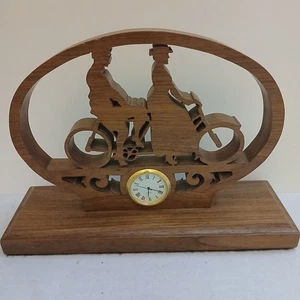Vintage Handmade Wooden Desk Clock English Tandem Bicycle Couple Pretty Grain - Picture 1 of 8