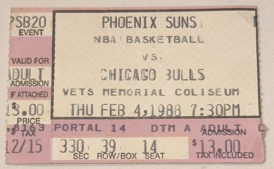 NBA Suns Chicago Bulls MICHAEL JORDAN Away Game First Win in Phoenix Vets 2/4/88 - Image 1 of 2