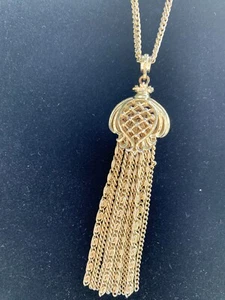 Vtg Monet Gold Tone Double Chain Necklace With Multi Chain Tassel Pendant - Picture 1 of 4