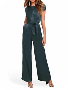 Lulus Let Me Entertain You Dark Green Satin Wide Leg Jumpsuit Womens Size Large - Picture 1 of 12