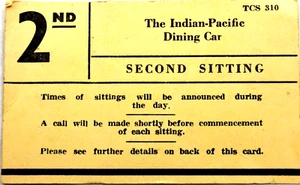 The Indian Pacific Line TCS 310 Original 2nd Sitting Dining Car Card 1970 - Picture 1 of 3
