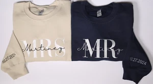 Personalized Mr Mrs Embroidered Sweatshirt With Date On Sleeve - Picture 1 of 6