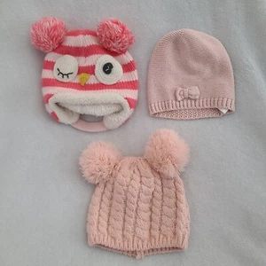 Baby Girl Lot of 3 Knit Winter Beanies Pink Owl Pink Bow Pink Pompom 6-12 Months - Picture 1 of 11