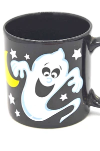 Vintage Mug Black Ghost Yellow Crescent Moon Stars Halloween Coffee Tea Cider - Foto 1 di 2