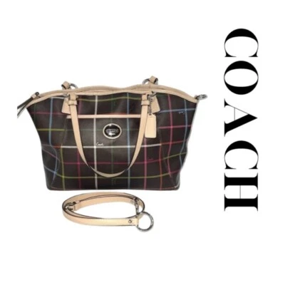 Coach Peyton Tattersall Leather Tote F24390 Shoulder Handbag Purse Brown Plaid - Image 1 of 4